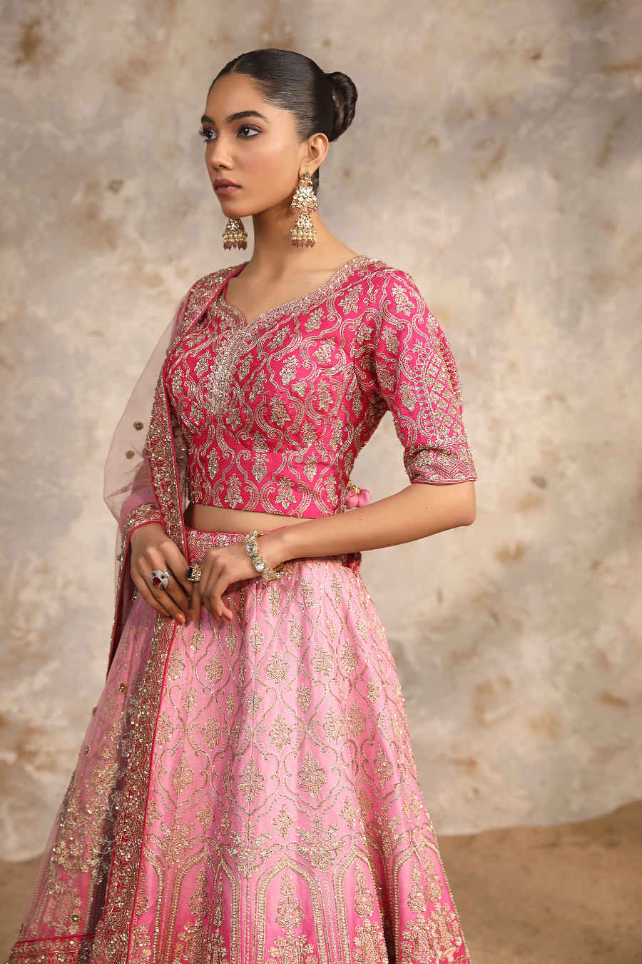 Pink Ombre Dabka Bridal Lehenga Set