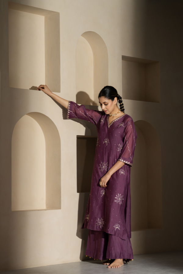 Purple Dabka Embroidery Mulchanderi Kurta Set