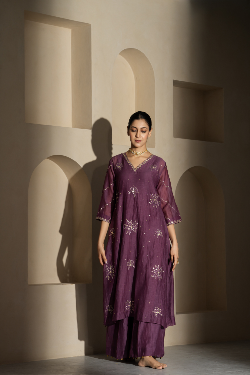 Purple Dabka Embroidery Mulchanderi Kurta Set