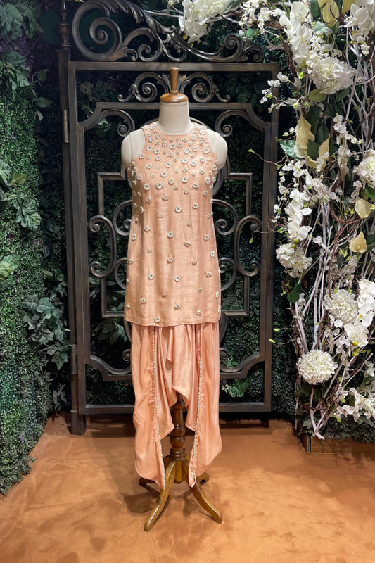 Peach  Pearl Embroidered Kurta Sharara Set