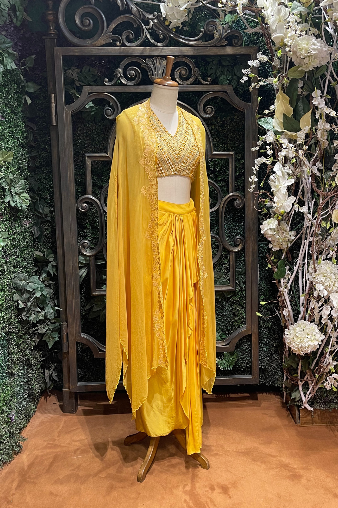 Yellow Embroidered Blouse Drape Skirt Set With Cape