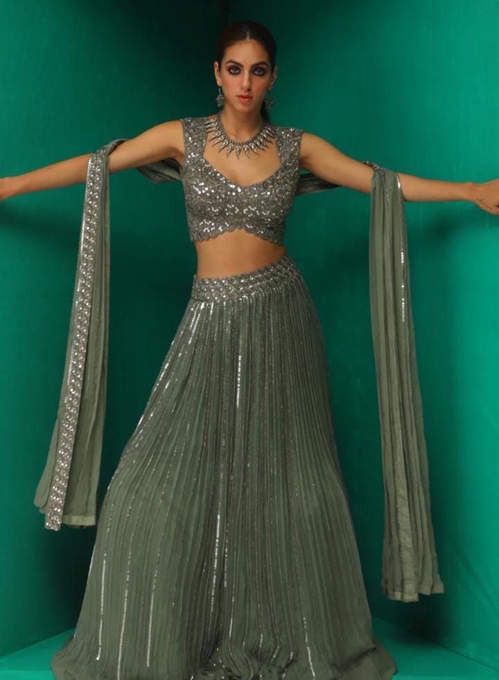 Green Georgette & Raw Silk Embroidery Sequin Lehenga