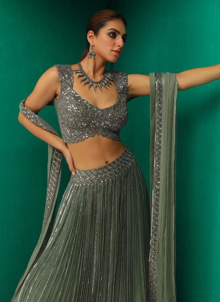 Green Georgette & Raw Silk Embroidery Sequin Lehenga