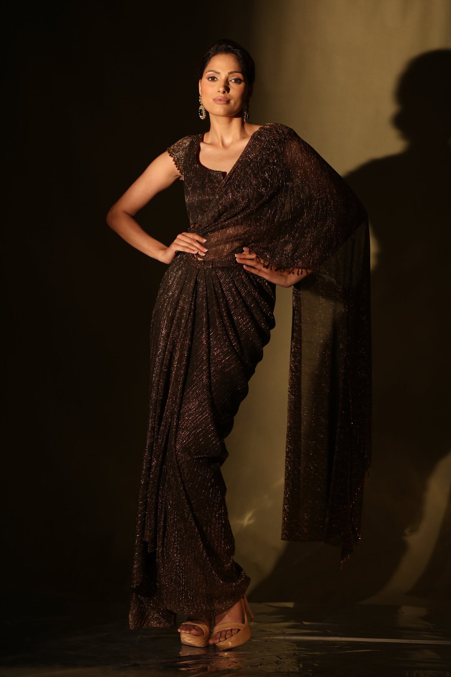 Bronze crinkle chiffon draped saree