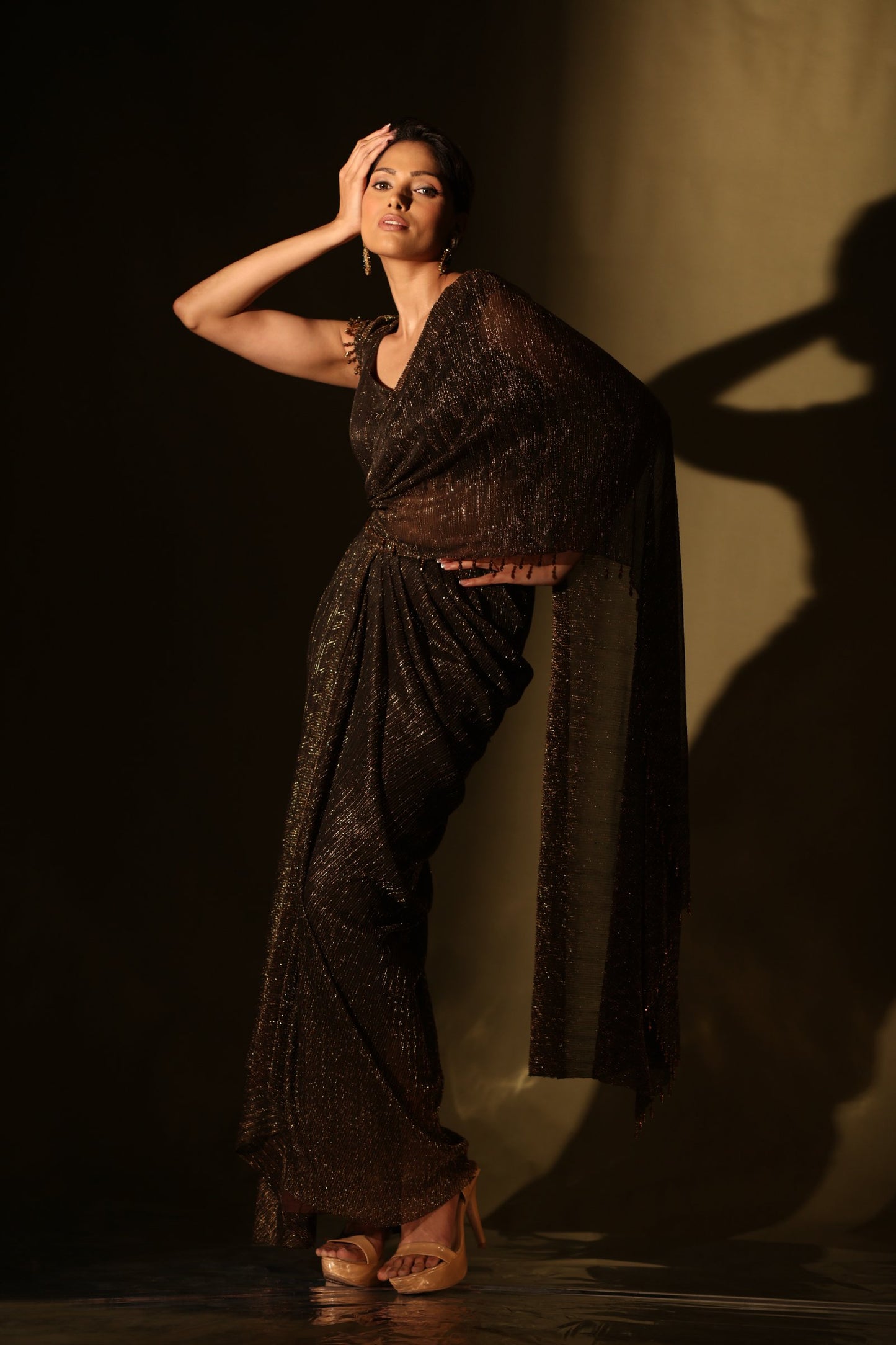 Bronze crinkle chiffon draped saree