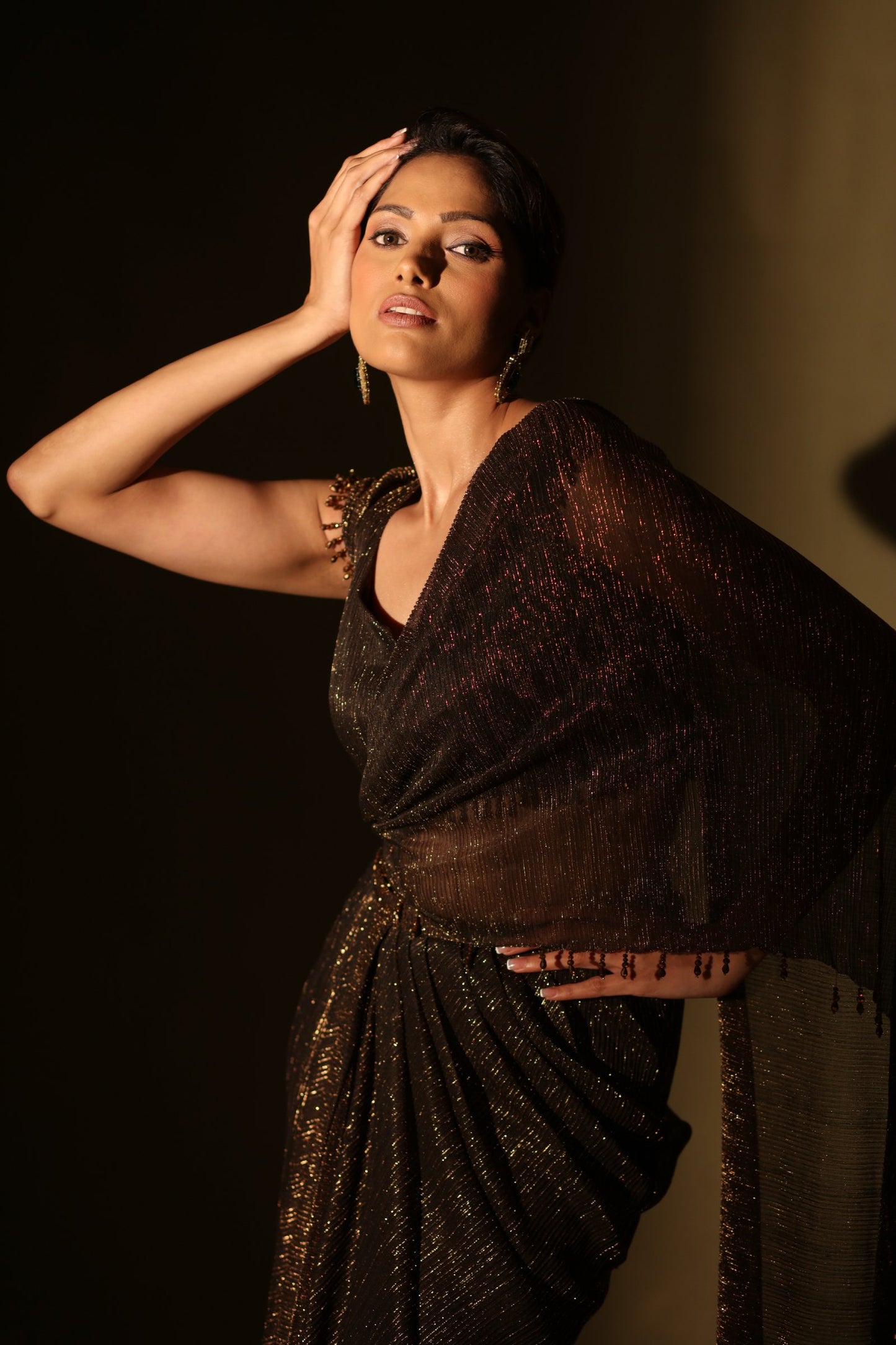 Bronze crinkle chiffon draped saree