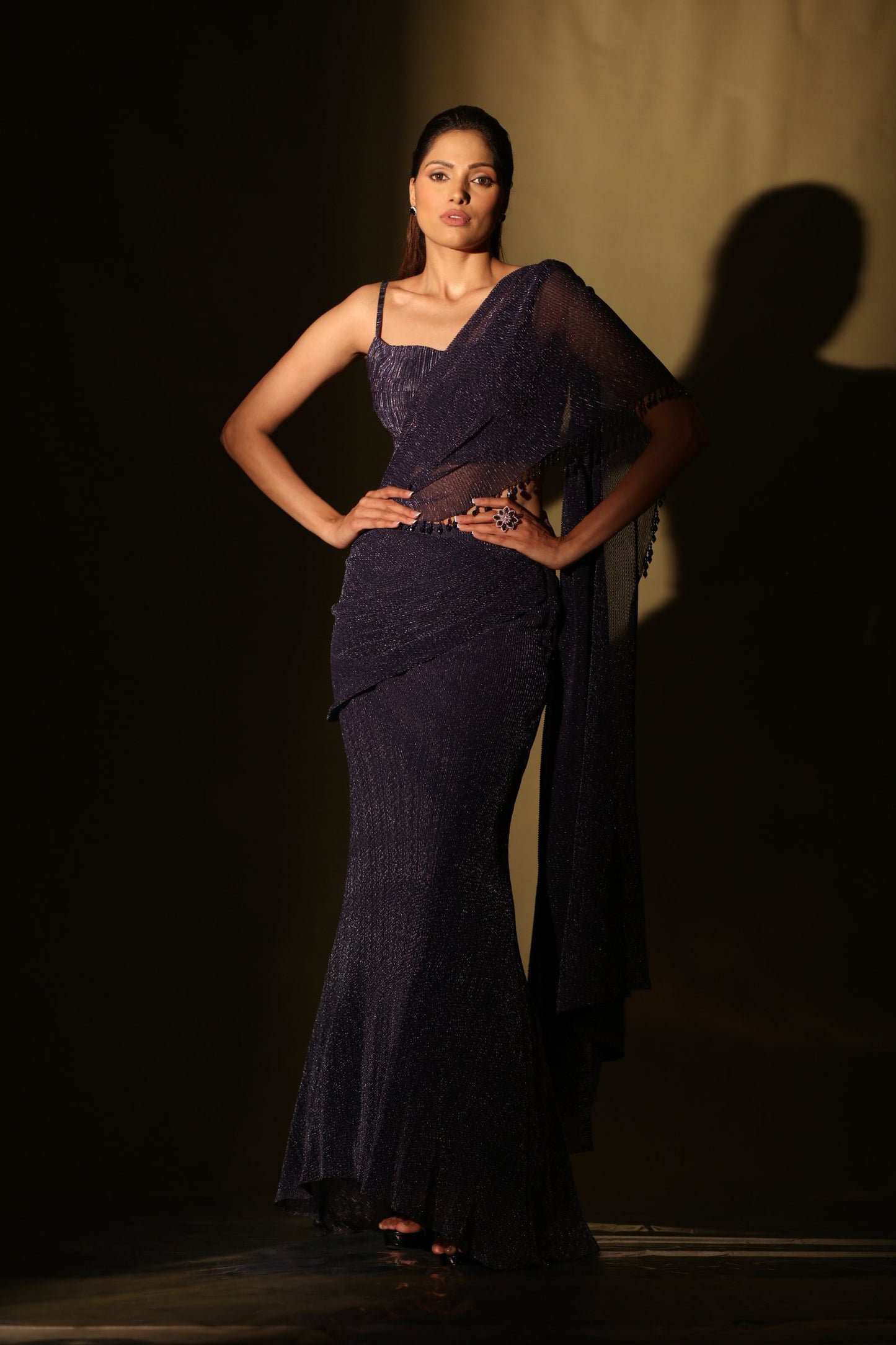 Midnight blue crinkle chiffon draped saree