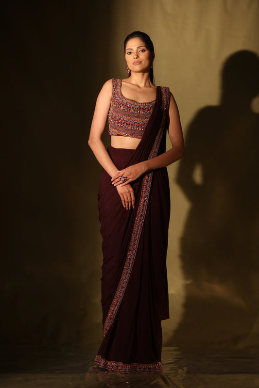 Wine threadwork lycra stitched saree