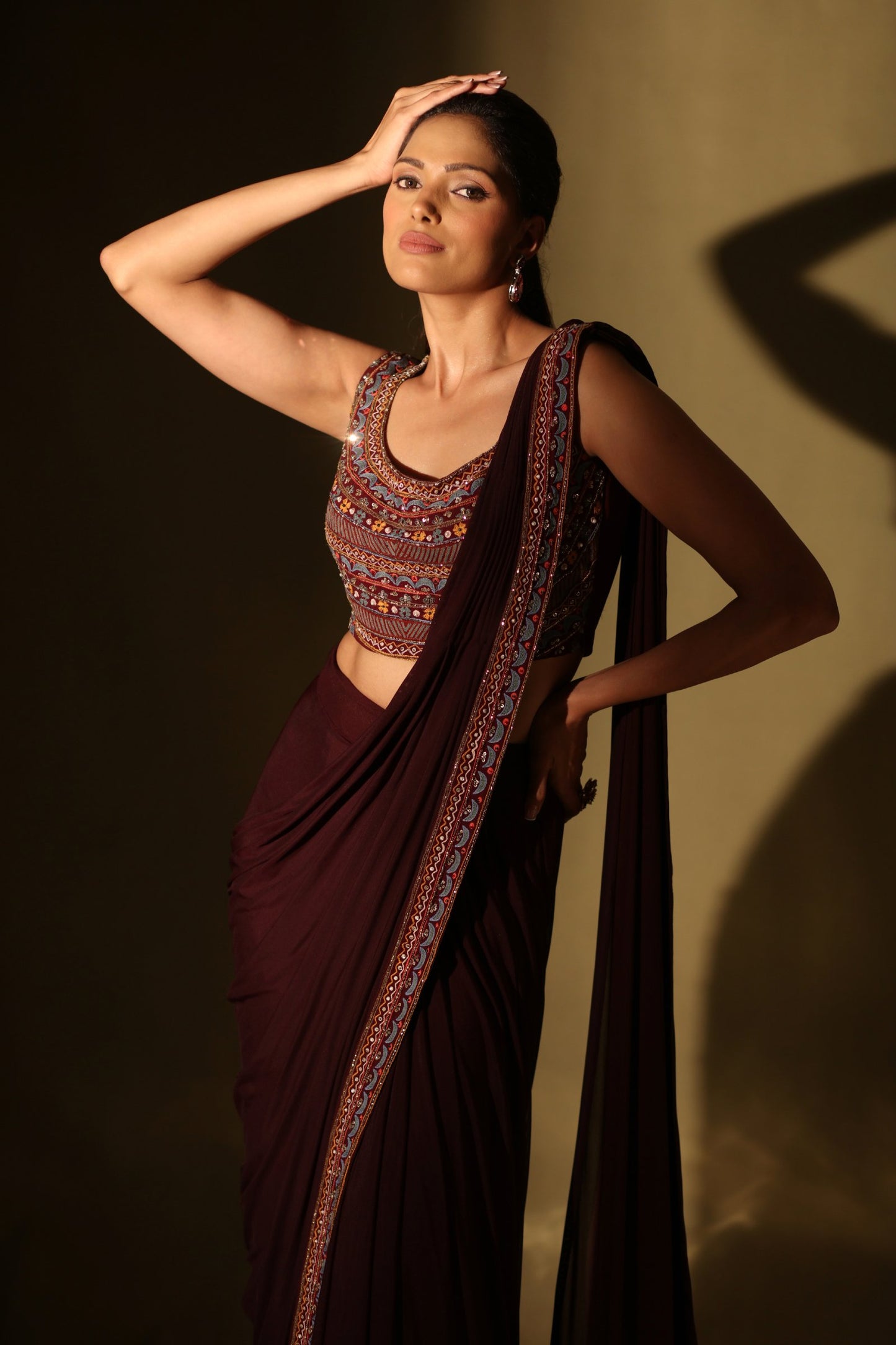 Wine threadwork lycra stitched saree