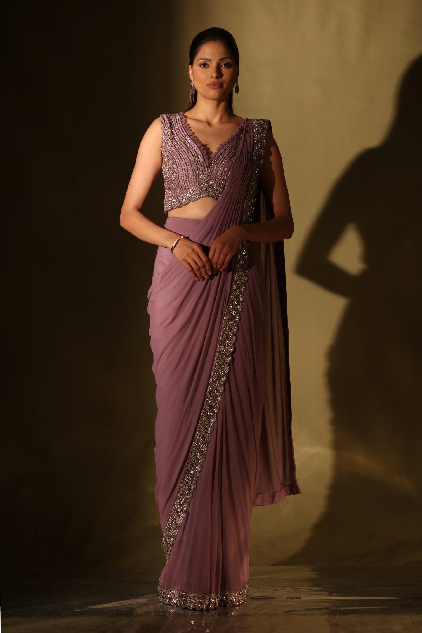 Mauve zardozi lycra stitched sareee