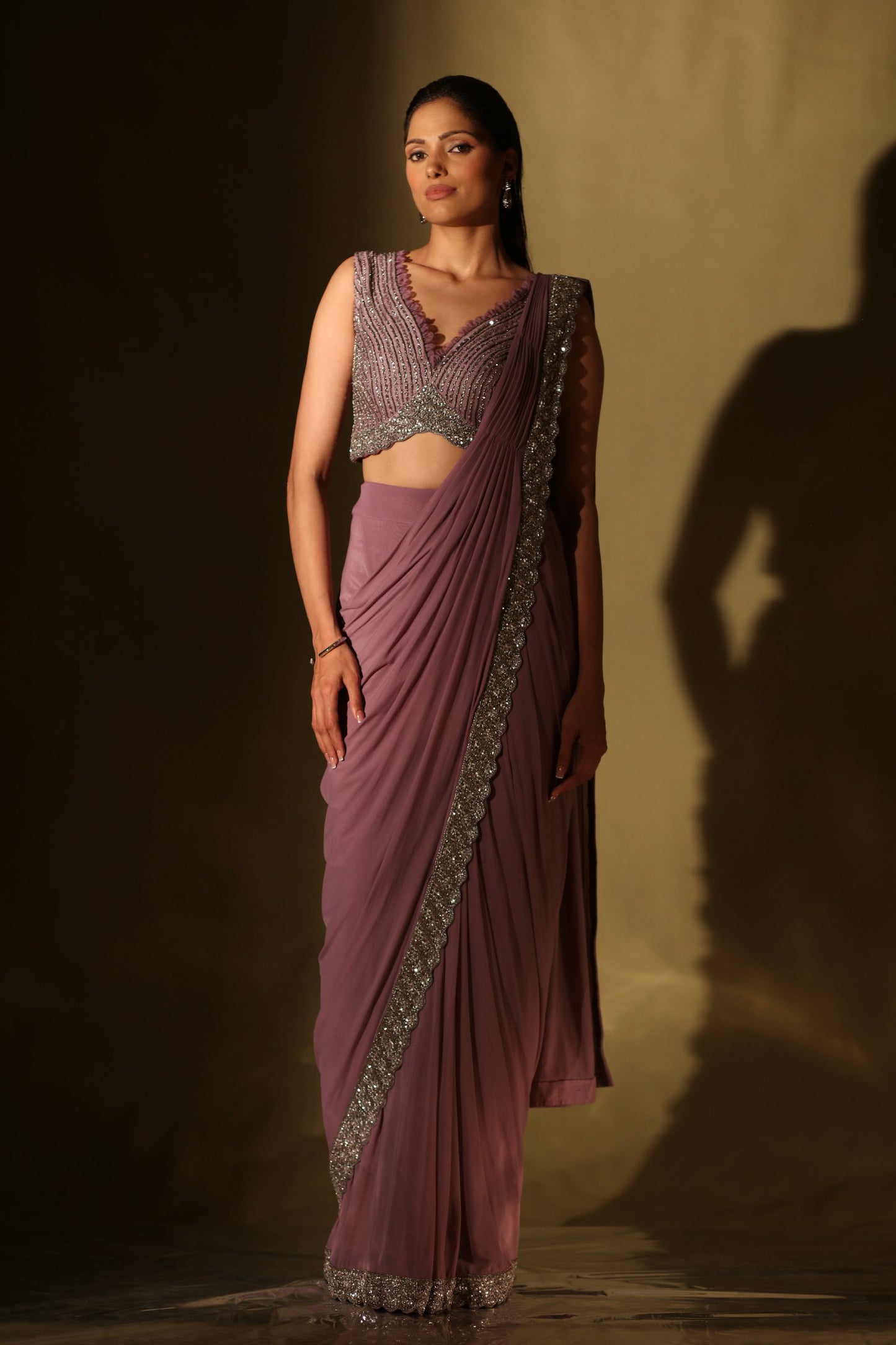 Mauve zardozi lycra stitched sareee