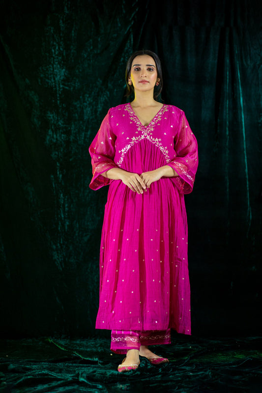 Pink V Neck Kurta Set