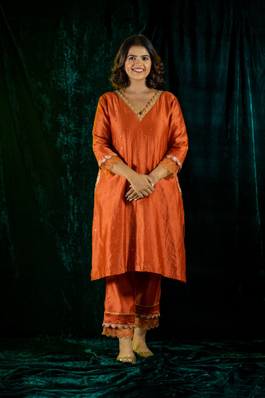 Rust Chanderi Kurta Set with pockets