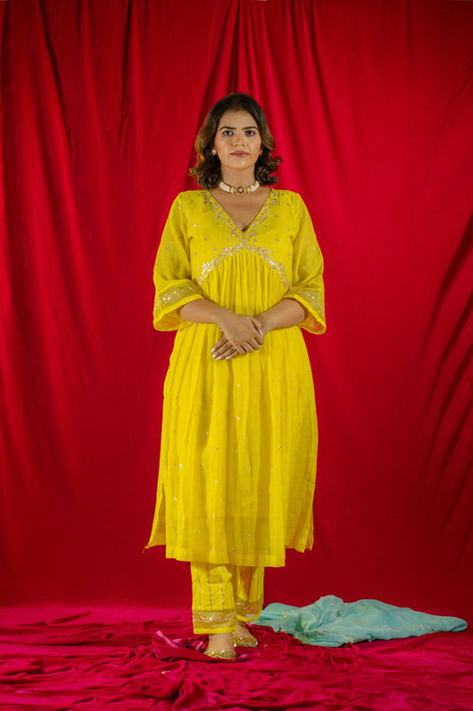 Yellow V Neck Kurta Set