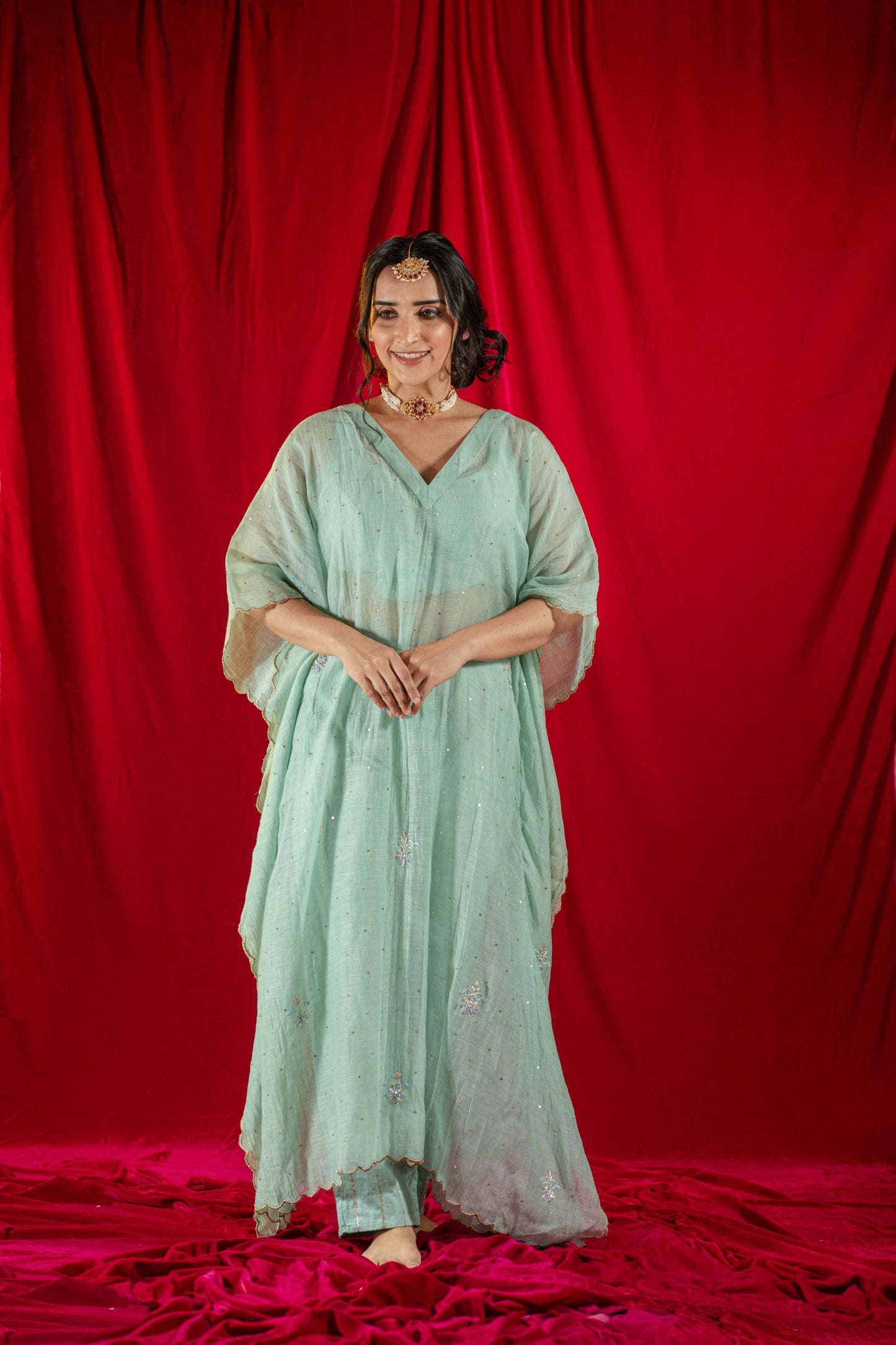 Light Blue Handloom Kaftan Set