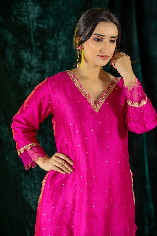 Fuschia Chanderi Kurta Set with pockets