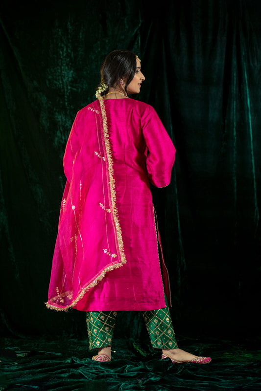 Fuschia Green Contrast Silk Salwaar Set