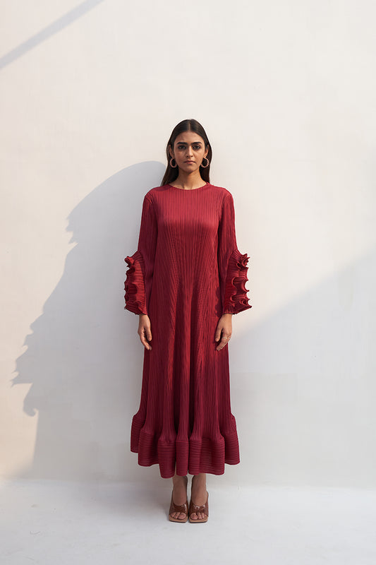 MAROON FRILL SLEEVES DRESS