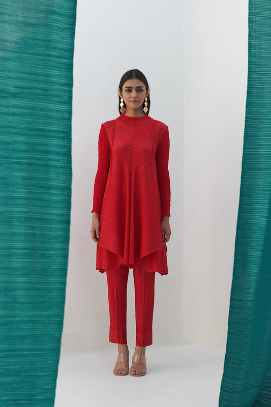 RED CRUSHED SLEEVES KURTI SET