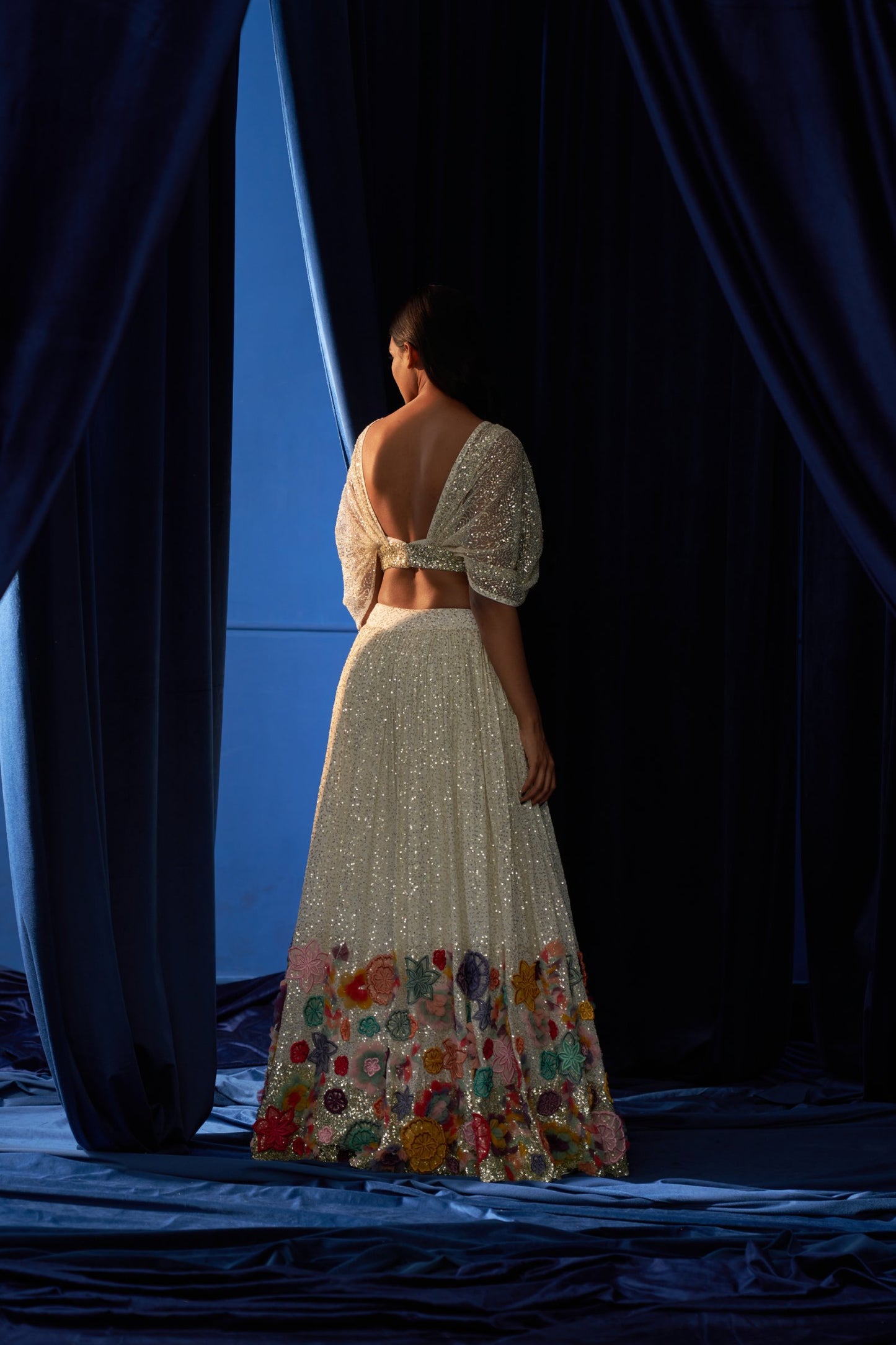 White Sequin Lehenga with Flowers