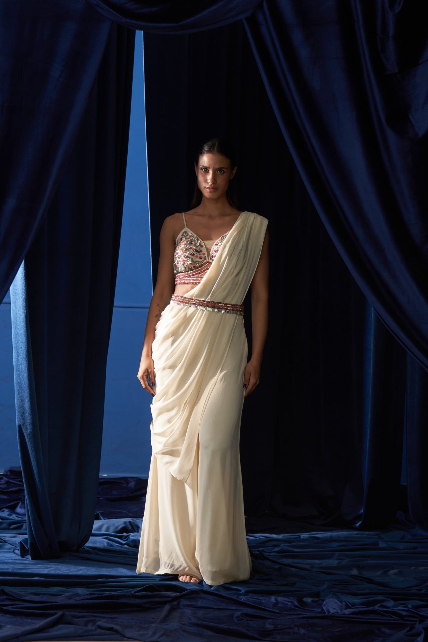 White Draped Saree with Belt