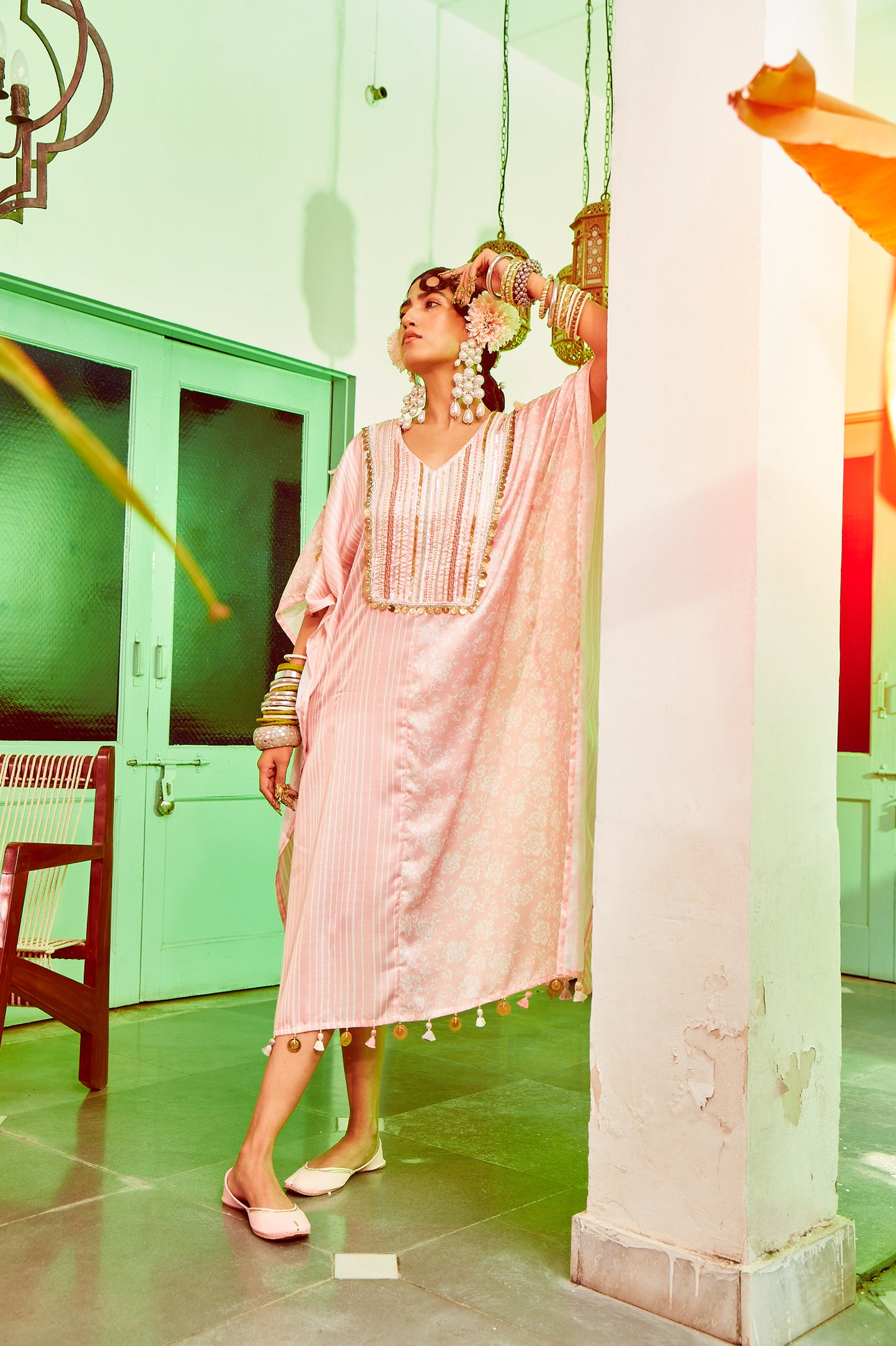 Coral Pink Half & Half Pink Kaftan