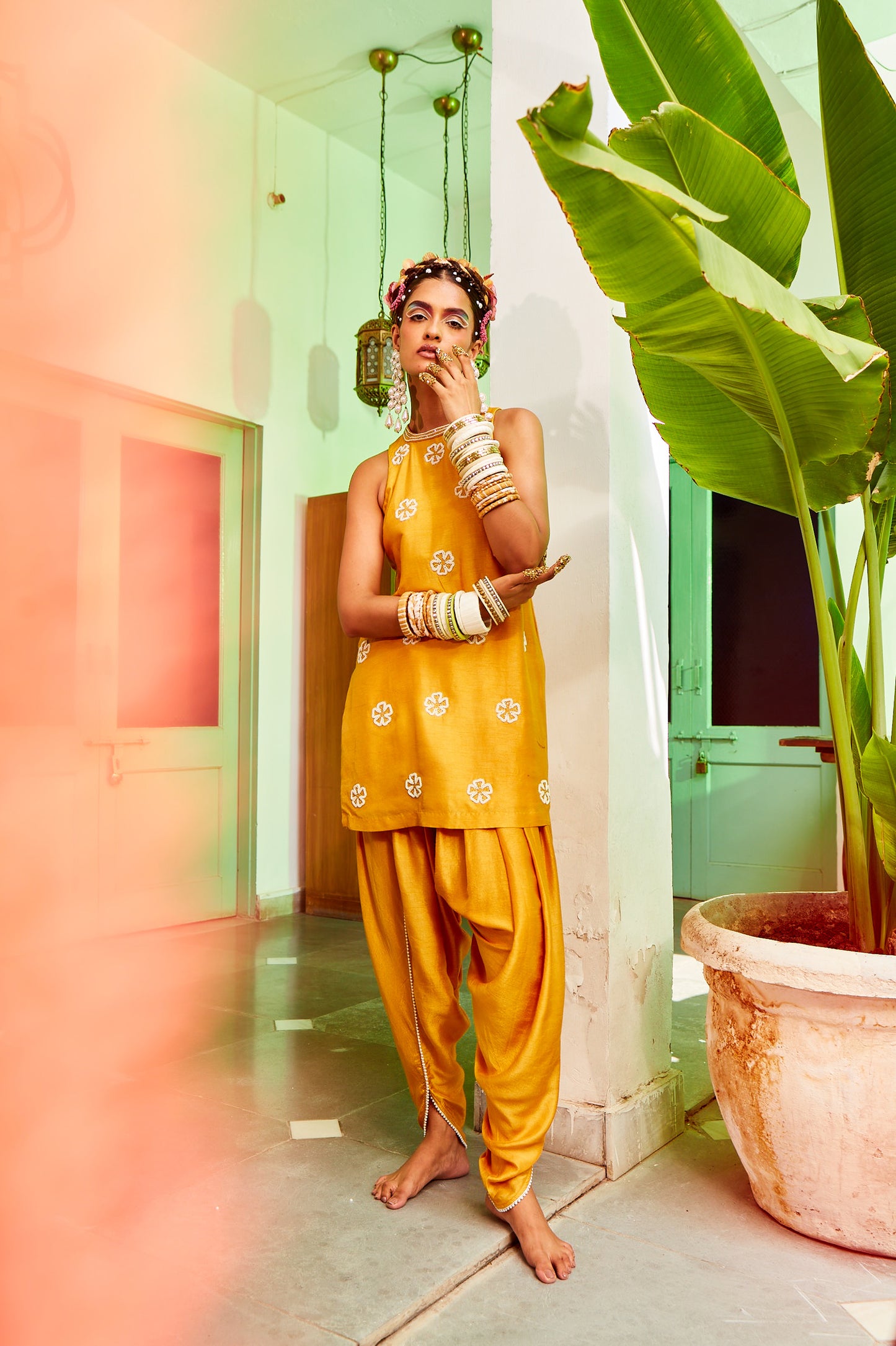 Mustard Short Kurta With Tulip Pant