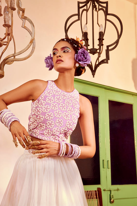 Lilac Crop Top With Ivory Lehenga.