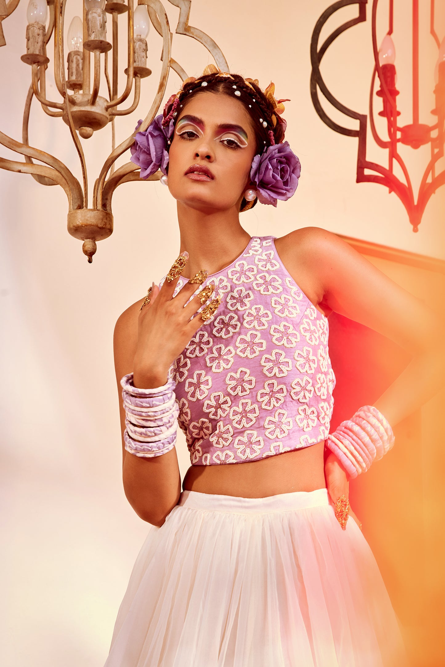 Lilac Crop Top With Ivory Lehenga.