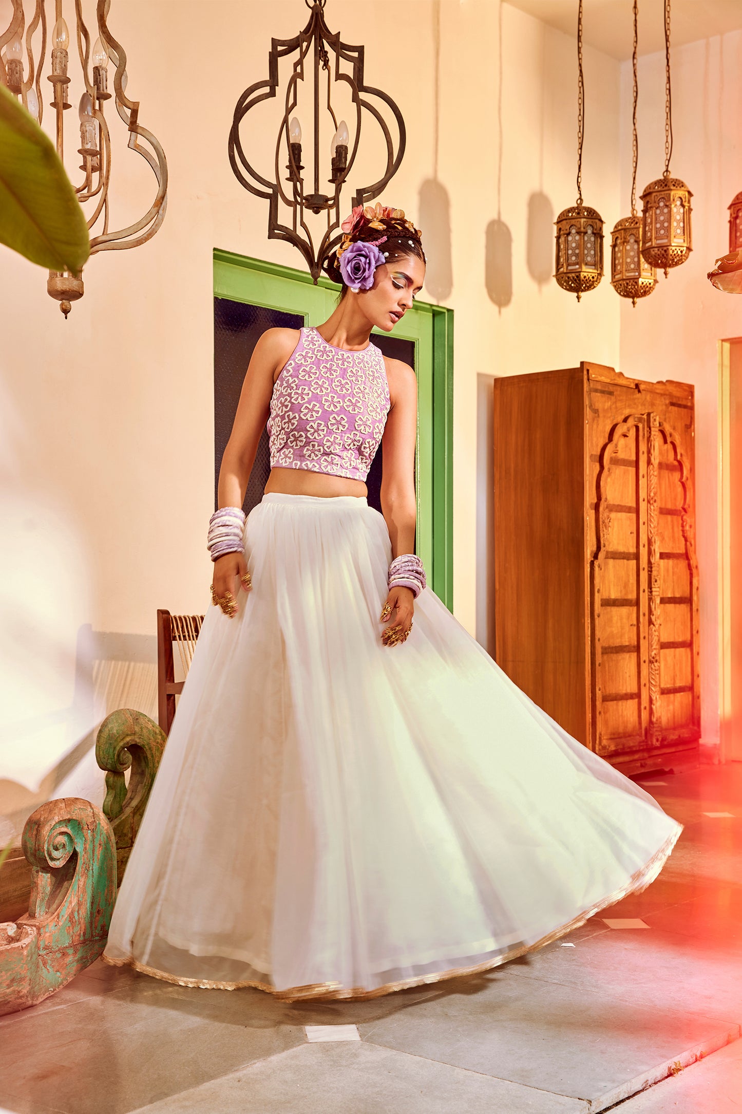 Lilac Crop Top With Ivory Lehenga.