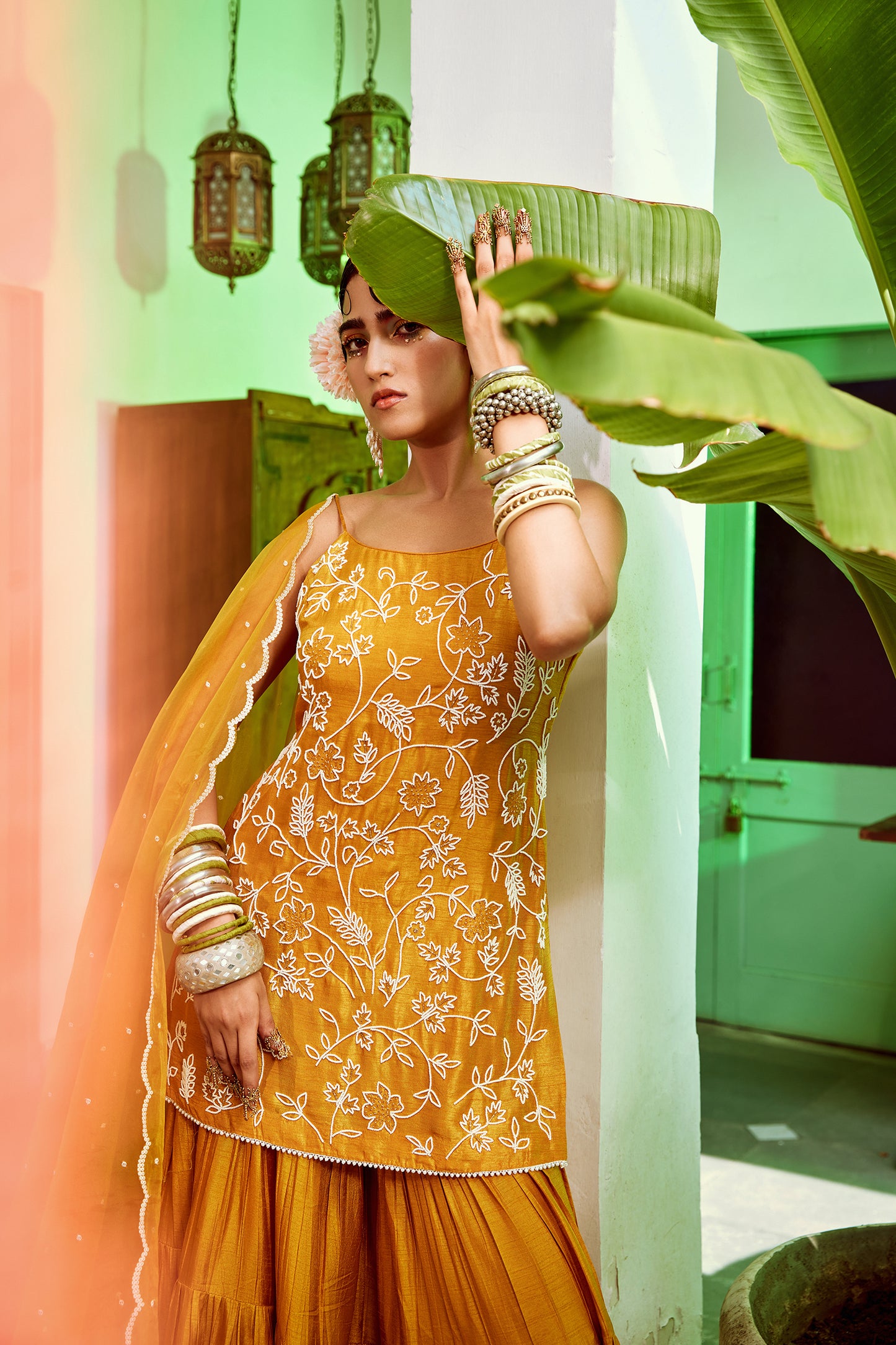 Mustard Kurta With Tiered Sharara