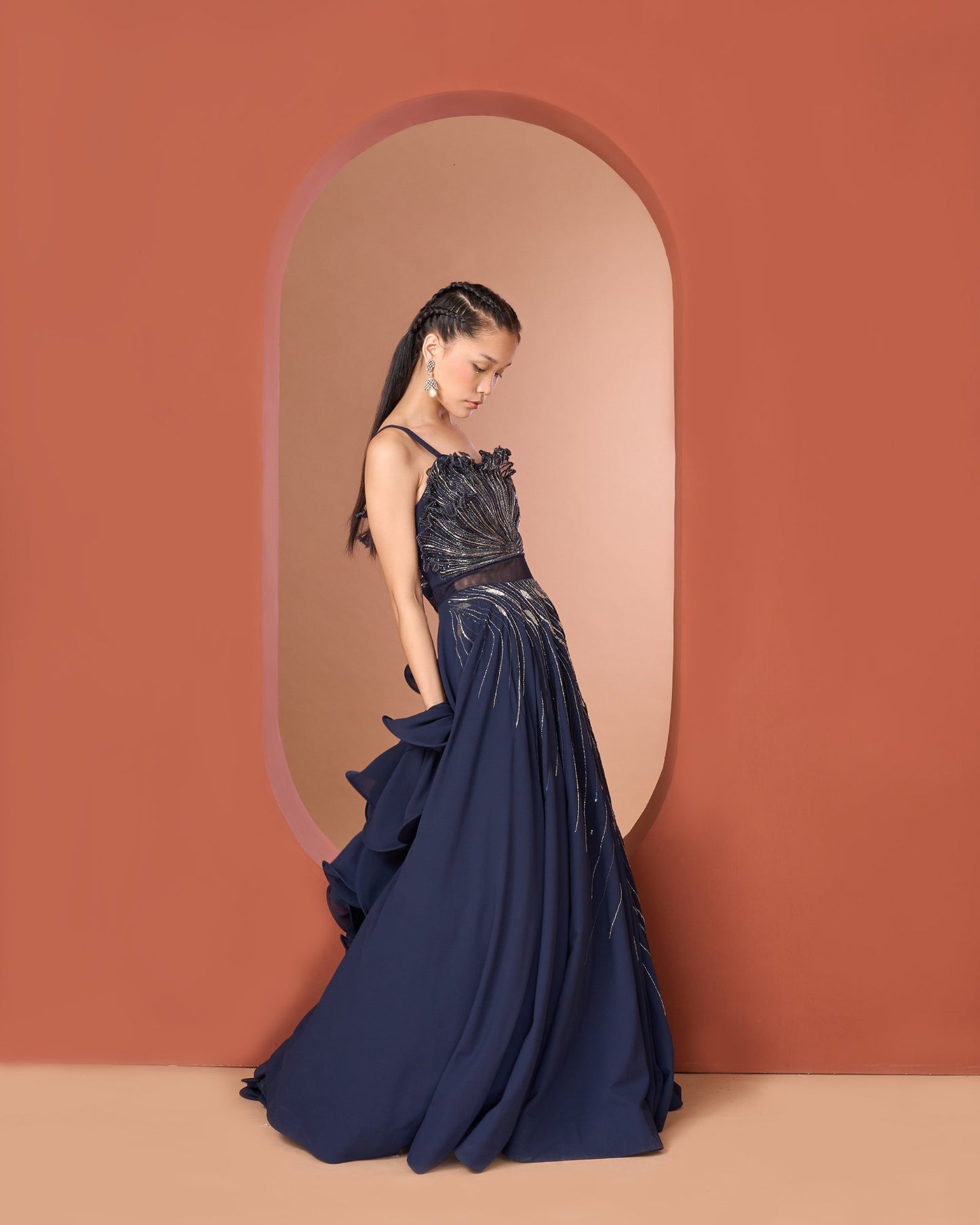 Midnight Blue Gown with 3D Yoke