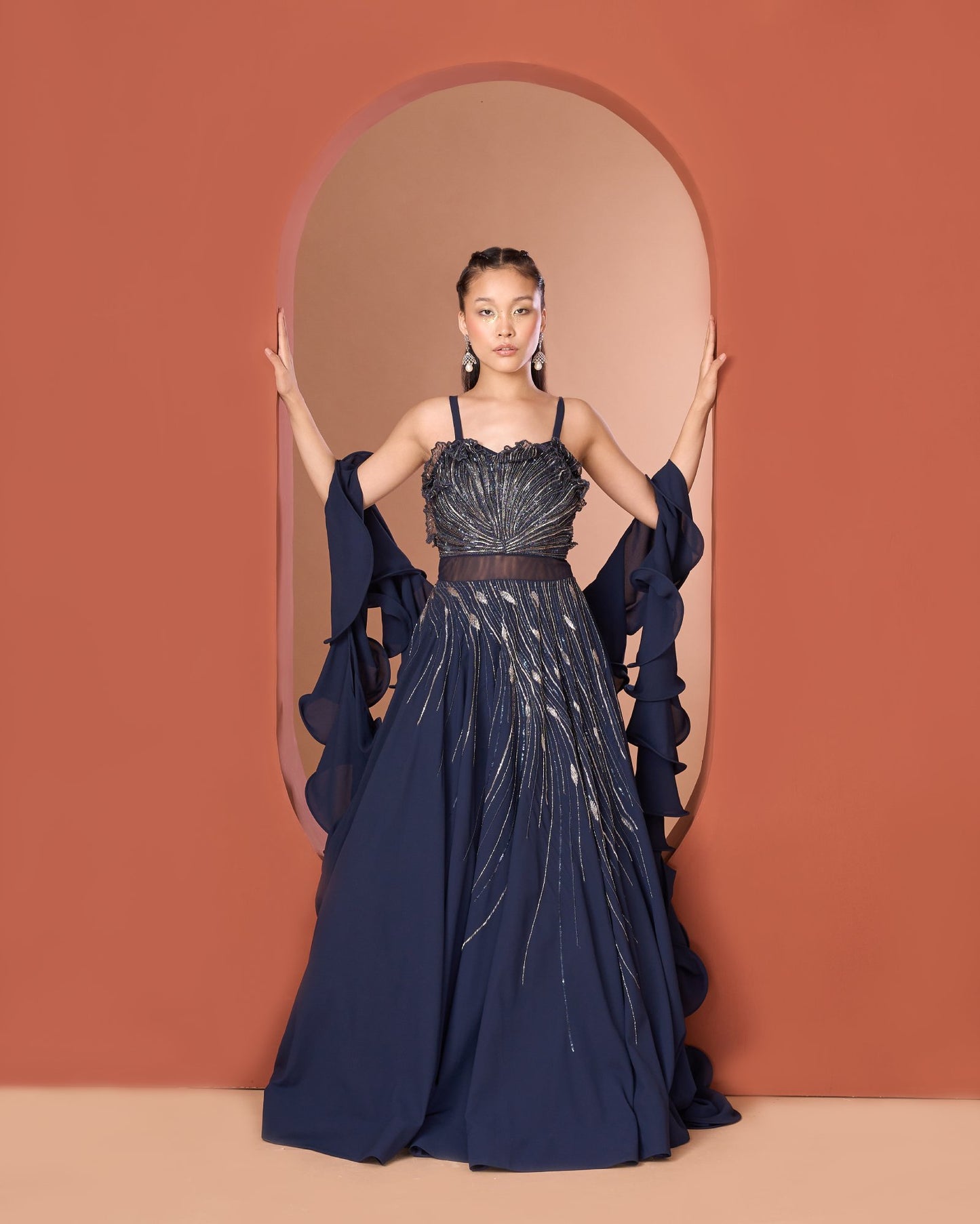 Midnight Blue Gown with 3D Yoke